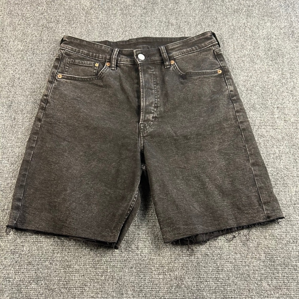H&M &Denim Black Washed High Waist Bermuda Shorts Raw Hem Size 8
